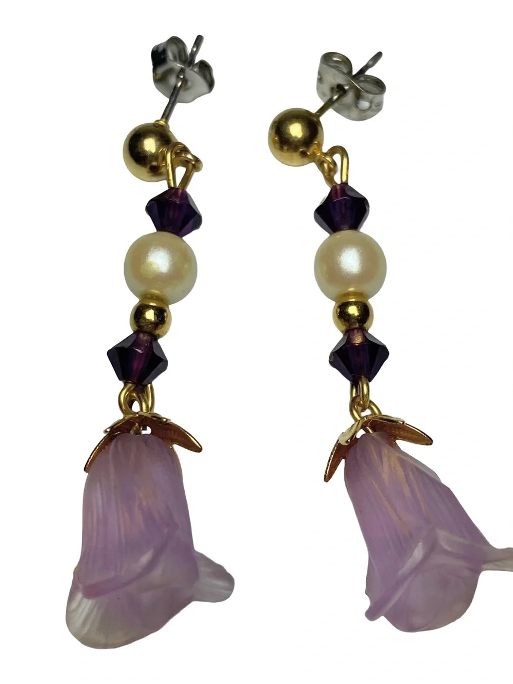 Vintage Style Purple Floral Drop Earrings‎ with Faux Pearl and Crystal